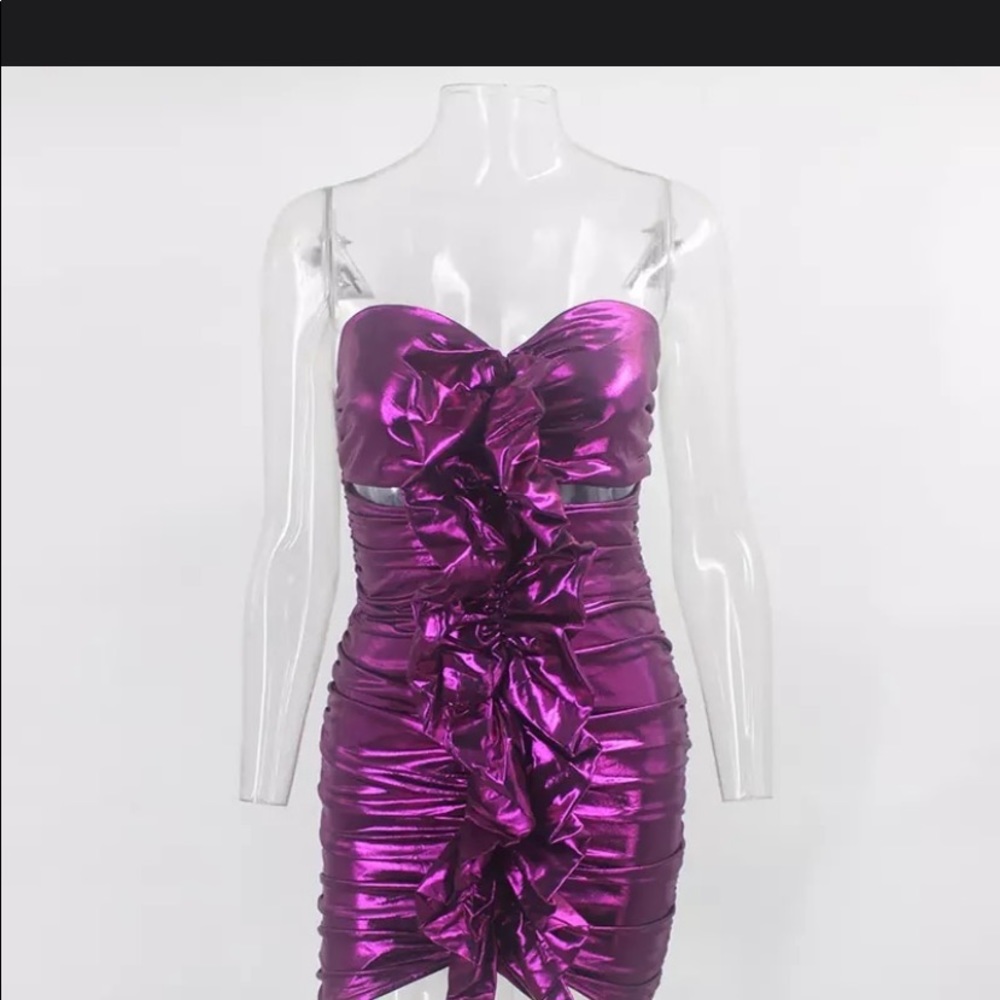Fuchsia pink metallic Runched up mini dress